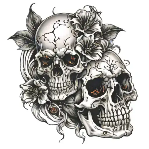 a jawless skull, with flaming heart eyes, holding flowers with stems  tattoo design idea