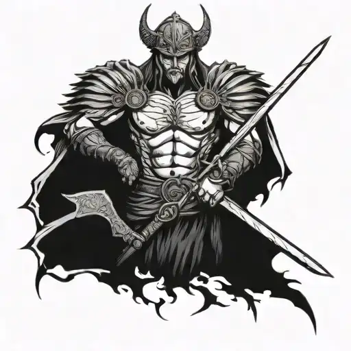 A very strong warrior with a sword in his hand and scarred wings tattoo design idea