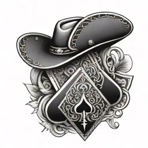 Cowboy hat and playing cards ace of spades and 2 of hearts tattoo design idea
