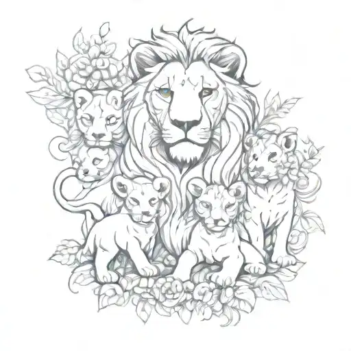 A lioness and lion cubs surrounded by a swirling vine of colorful flowers tattoo design idea