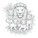 A lioness and lion cubs surrounded by a swirling vine of colorful flowers tattoo design idea
