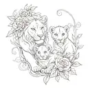 A lioness and lion cubs surrounded by a swirling vine of colorful flowers tattoo design idea