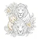 A lioness and lion cubs surrounded by a swirling vine of colorful flowers tattoo design idea