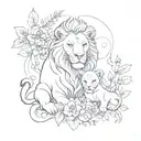A lioness and lion cubs surrounded by a swirling vine of colorful flowers tattoo design idea
