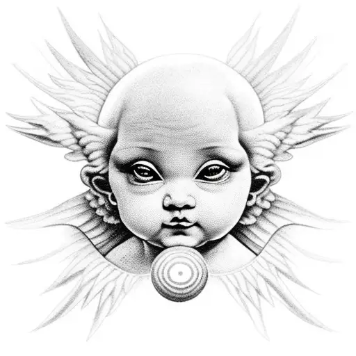 Small Cherub Trio Surrounding a Sun with a face tattoo design idea