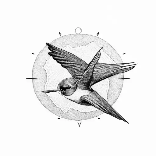 Swallow with the letter V, the sun, mountains tattoo design idea
