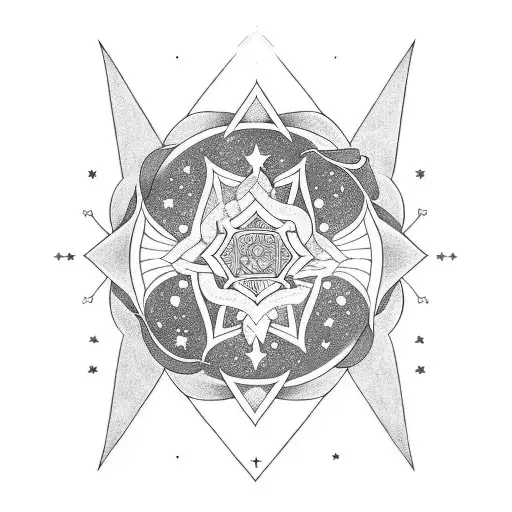 A geometric black Arm sleeve of a pheonixdragon with flowers and infinity symbol with stars  symmetrical with very big g tattoo design idea