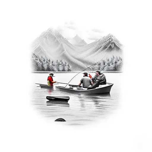 dad with two young boys fishing on side of river near tent and campfire tattoo design idea