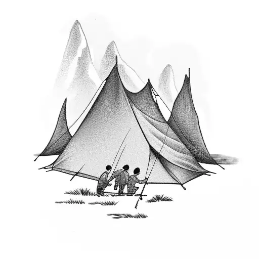 dad with two young boys fishing on side of river near tent and campfire tattoo design idea