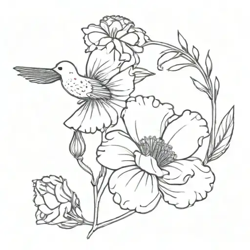 a marigold intertwined with a carnation with birds flying from the petals thin line tattoo design idea