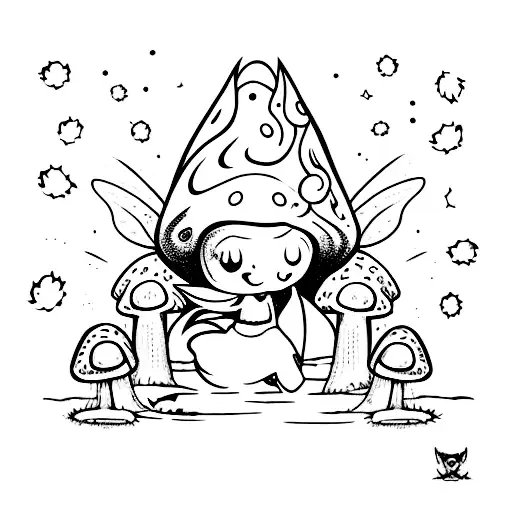 fairy sneaking behind mushroom , psychadelic concept tattoo design idea