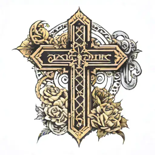 Christian Cross connected to two roman numeral dates stacked on each other tattoo design idea