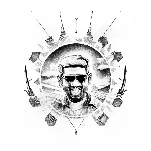 A tattoo combining the iconic image of MS Dhoni's helicopter shot with Rajnikant's signature pose tattoo design idea