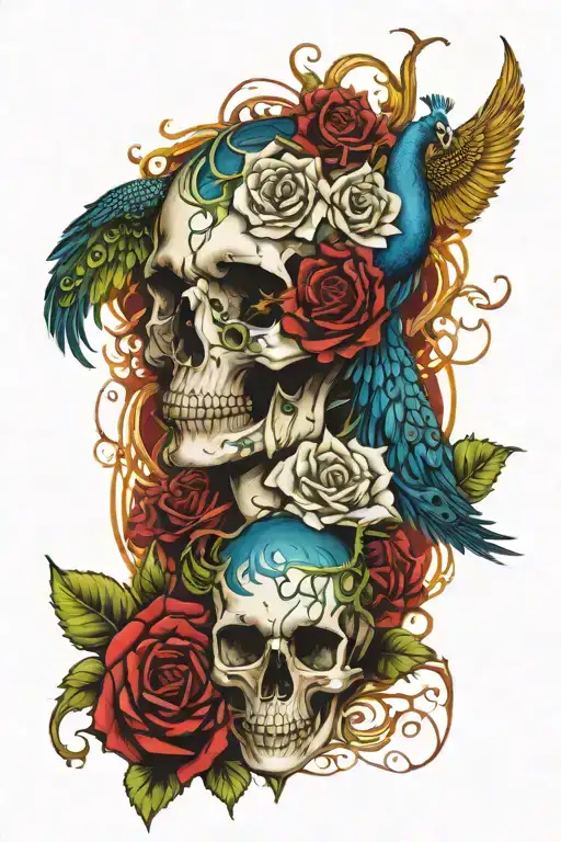 a tattoo featuring good vs evil intertwined with a peacock and thorny roses with blood dripping  tattoo design idea