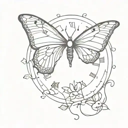 butterfly clock face tattoo design idea