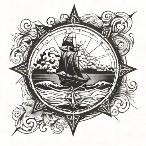 Wind rose, sea waves tattoo design idea