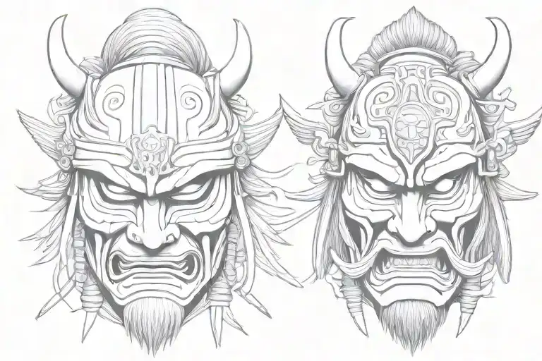 japanese samurai mask black and white tattoo design idea