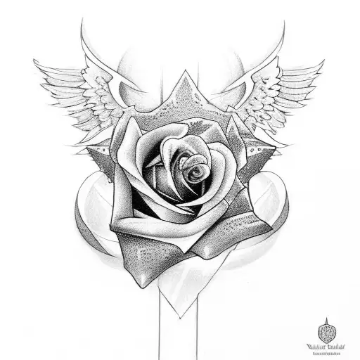 "Create a Gothic-style tattoo with the text 'Never Give Up' written on two levels with a ribbon wrapping around a rose." tattoo design idea