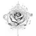 "Create a Gothic-style tattoo with the text 'Never Give Up' written on two levels with a ribbon wrapping around a rose." tattoo design idea