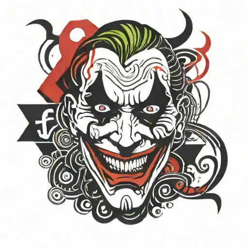 the joker face including  red hahaha words floating  around  the face tattoo design idea
