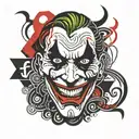 the joker face including  red hahaha words floating  around  the face tattoo design idea