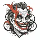 the joker face including  red hahaha words floating  around  the face tattoo design idea