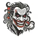 the joker face including  red hahaha words floating  around  the face tattoo design idea