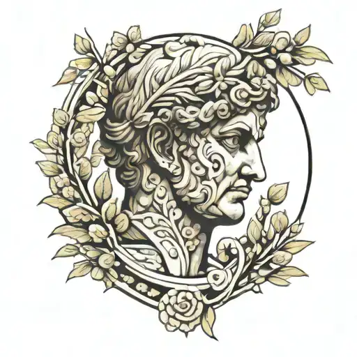 Greek statue with Greek meander pattern and olive branches tattoo design idea