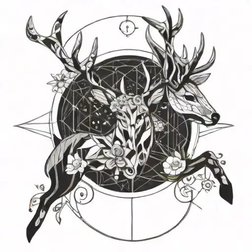 lily flower, deer, Moon and wand intertwined tattoo design idea