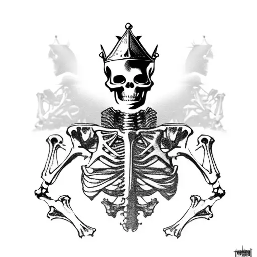 a triumphant Skeleton King adorning a gold crown, raises a red flag as he's rearing an armoured Skeleton horse tattoo design idea