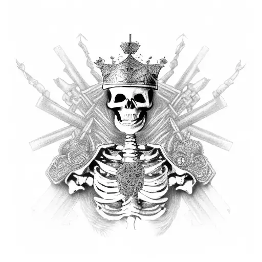a triumphant Skeleton King adorning a gold crown, raises a red flag as he's rearing an armoured Skeleton horse tattoo design idea