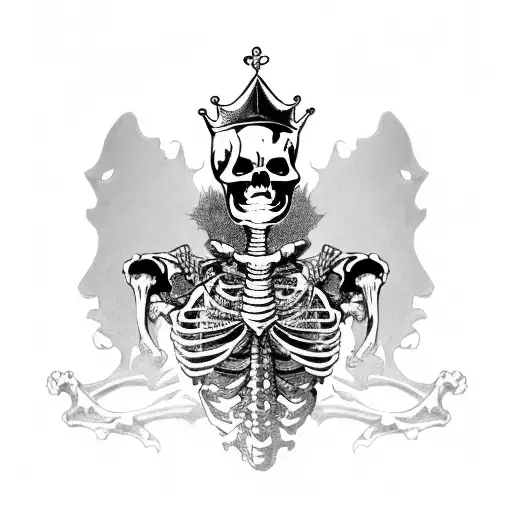 a triumphant Skeleton King adorning a gold crown, raises a red flag as he's rearing an armoured Skeleton horse tattoo design idea