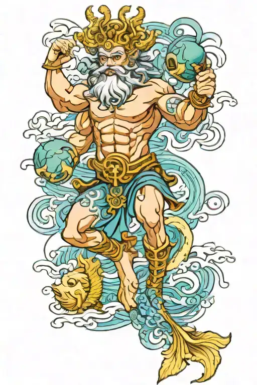 god neptune with neptune planet associated with zodiac pisces on the biceps tattoo design idea