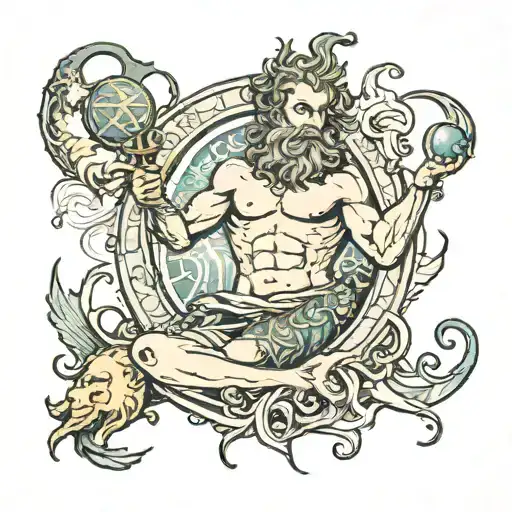 diety neptune with neptune planet associated with zodiac pisces on the biceps  tattoo design idea
