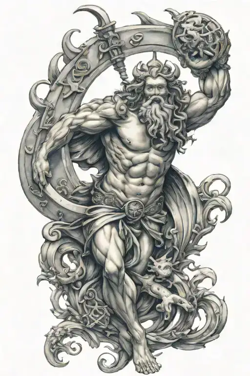 god neptune with neptune planet associated with zodiac pisces on the biceps tattoo design idea
