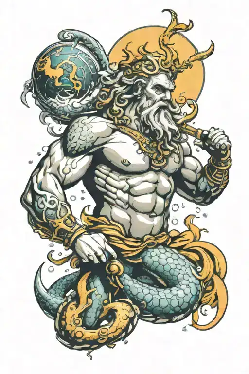 god neptune with neptune planet associated with zodiac pisces on the biceps tattoo design idea