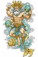 god neptune with neptune planet associated with zodiac pisces on the biceps tattoo design idea