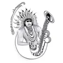 Ajolote wearing a tribal Aztec headdress playing a saxophone in sketch style tattoo design idea