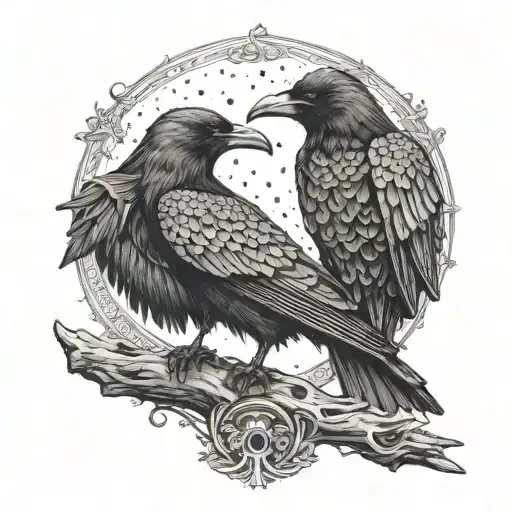 A detailed dotwork tattoo of Hugin and Munin, the wise ravens of Odin, in a dramatic pose representing their constant search for knowledge tattoo design idea