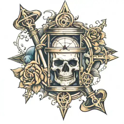 hourglass and compass skull tattoo design idea