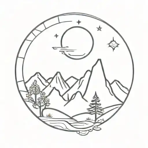 Mountian-tree-river-sun-moon tattoo design idea
