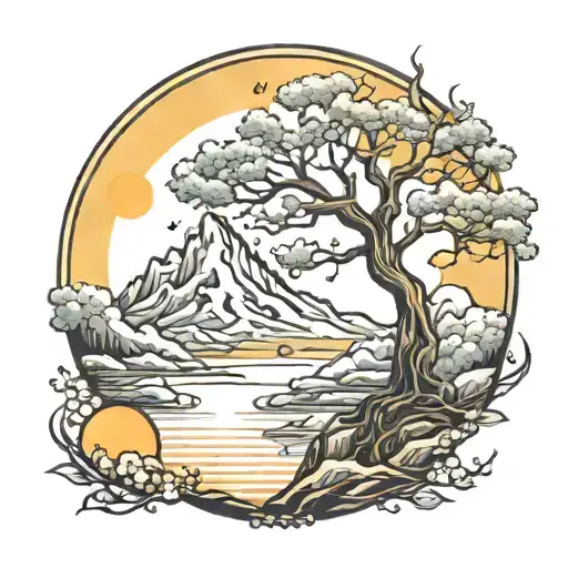 mountian-tree-river-sun-moon tattoo design idea
