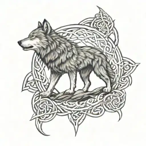 A powerful wolf howling in front of a Celtic knotwork design, symbolizing resilience and endurance tattoo design idea