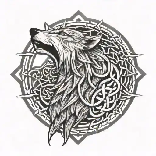 A powerful wolf howling in front of a Celtic knotwork design, symbolizing resilience and endurance tattoo design idea