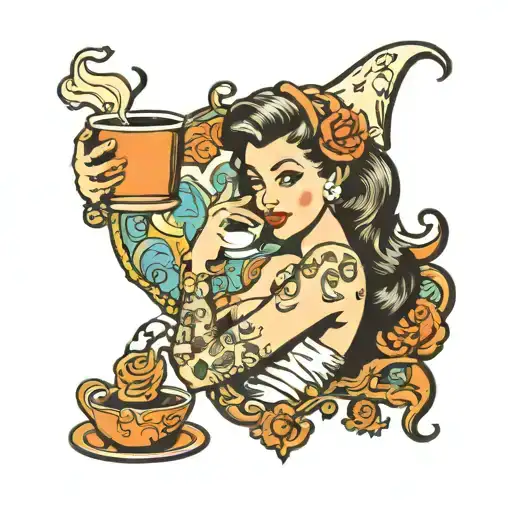 pinup, ghost, drinking coffee mug tattoo design idea