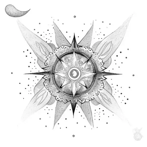 A dotwork tattoo of a celestial scene with flowers scattered throughout, with the Bring Me the Horizon five-pointed star logo as a prominent element in the design tattoo design idea