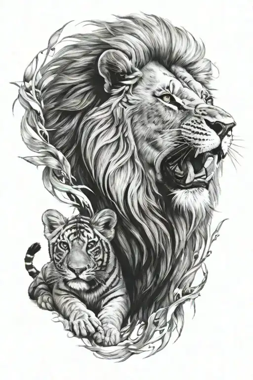 lion with baby tiger tattoo design idea