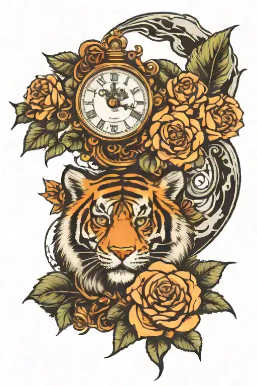 Clock with tiger and cub and growing roses tattoo design idea