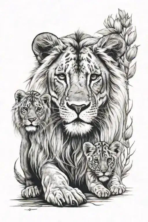 First name Mia with a lion and a lion cub tattoo design idea