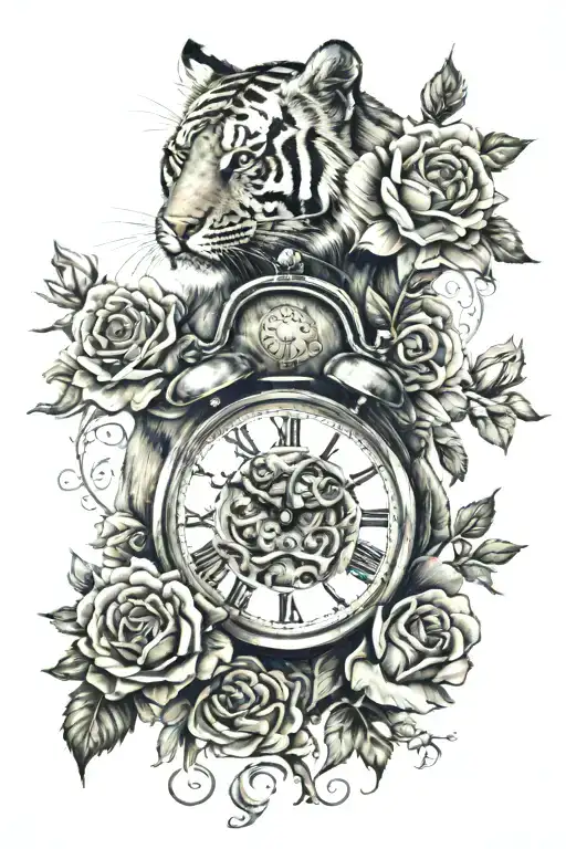 Clock with tiger and cub and roses tattoo design idea